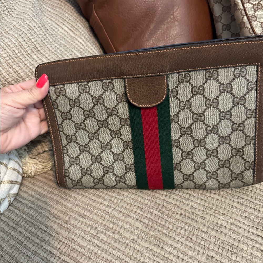 Gucci Beige Monogram Clutch with Red and Green Stripe